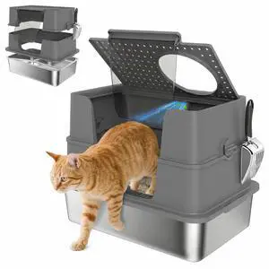 PawHut XL Stainless Steel Litter Box with Lid for Big Cats, Dark Gray PawHut XL Stainless Steel Litter Box with Lid for Big Cats, Dark Gray