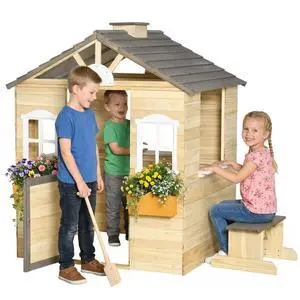 Outdoor Playhouse Working Door Windows Bench for 3-7 Years Natural Outdoor Playhouse Working Door Windows Bench for 3-7 Years Natural
