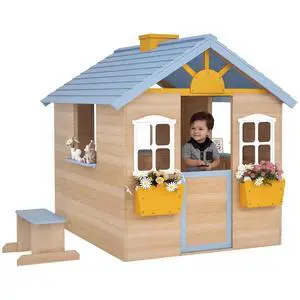 Outdoor Playhouse Working Door Windows Bench for 3-7 Years Blue Outdoor Playhouse Working Door Windows Bench for 3-7 Years Blue