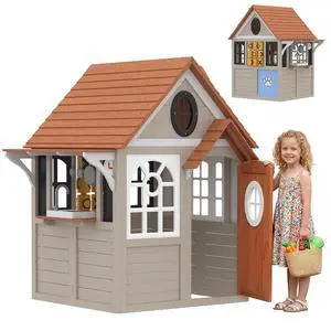 Qaba Outdoor Playhouse Wooden Kids Playhouse with Dog Door Ages 2+ Gray Qaba Outdoor Playhouse Wooden Kids Playhouse with Dog Door Ages 2+ Gray