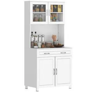 67" Pantry Cabinet Kitchen Hutch Glass Doors Drawers White 67" Pantry Cabinet Kitchen Hutch Glass Doors Drawers White