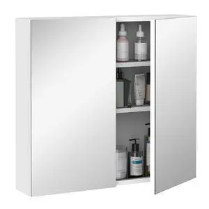 kleankin Bathroom Mirrored Cabinet Steel Frame Double Doors 24"x22" White kleankin Bathroom Mirrored Cabinet Steel Frame Double Doors 24"x22" White