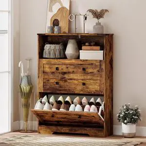 Shoe Cabinet with 2 Flip Drawers, Narrow Shoe Storage Cabinet with Adjustable Shelves and Open Shelf, Farmhouse Storage Organizer for Entryway, Hallway, Holds 12-16 Pairs, Rustic Brown Shoe Cabinet with 2 Flip Drawers, Narrow Shoe Storage Cabinet with Adjustable Shelves and Open Shelf, Farmhouse Storage Organizer for Entryway, Hallway, Holds 12-16 Pairs, Rustic Brown