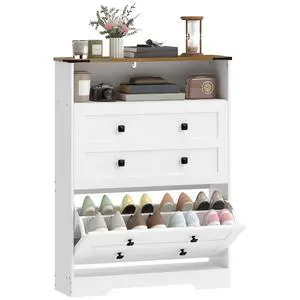 Shoe Cabinet with 2 Flip Drawers, Narrow, Adjustable Shelves, White Shoe Cabinet with 2 Flip Drawers, Narrow, Adjustable Shelves, White