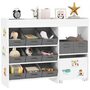Qaba Toy Storage Organizer with 6 Shelves and 11 Fabric Bins, White Qaba Toy Storage Organizer with 6 Shelves and 11 Fabric Bins, White