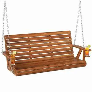 Upgraded Wooden Porch Swing 3-Seater Cupholders 5 FT Carbonized Upgraded Wooden Porch Swing 3-Seater Cupholders 5 FT Carbonized