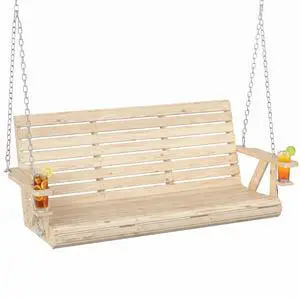 Upgraded Wooden Porch Swing 3-Seater Cupholders 5 FT Nature Wood Upgraded Wooden Porch Swing 3-Seater Cupholders 5 FT Nature Wood