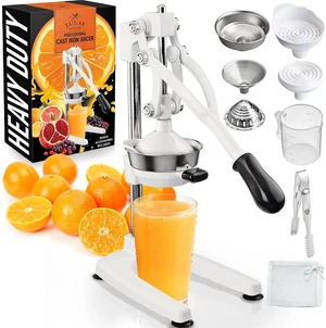 Pulperizer 9 in 1 Cast Iron Juicer - Easy-to-Clean Heavy-Duty Manual Juicer with Presser Attachment to Juice All Types of Fruits! Extra Tall with Stainless Steel Bowl - White Pulperizer 9 in 1 Cast Iron Juicer - Easy-to-Clean Heavy-Duty Manual Juicer with Presser Attachment to Juice All Types of Fruits! Extra Tall with Stainless Steel Bowl - White