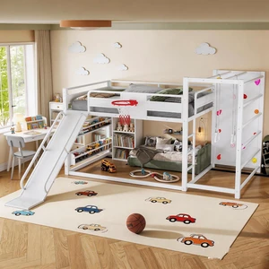 Twin Over Twin Kids Bunk Bed Frame with Slide&Basketball Hoop, White Twin Over Twin Kids Bunk Bed Frame with Slide&Basketball Hoop, White