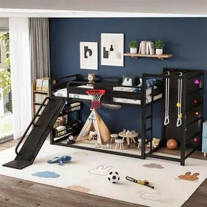 Kids Play Loft Bed Twin with Slide & Basketball Hoop, Black Kids Play Loft Bed Twin with Slide & Basketball Hoop, Black