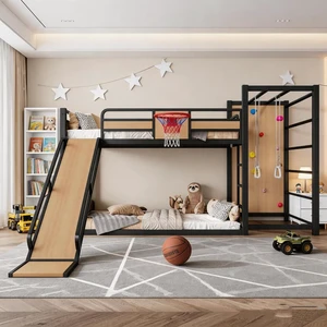 Twin XL Bunk Bed with Slide, Climbing Wall & Bookshelves, Yellow Twin XL Bunk Bed with Slide, Climbing Wall & Bookshelves, Yellow