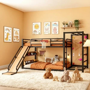 Twin Metal Floor Bunk Bed with Slide & Bookshelves, Yellow Twin Metal Floor Bunk Bed with Slide & Bookshelves, Yellow
