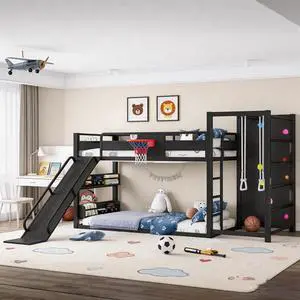 Full Size Metal Bunk Bed with Slide, Basketball Hoop & Pull-Up Rings, Heavy Duty Multi-Functional Sports Bed Frame with Climbing Wall & Bookshelves, Black Full Size Metal Bunk Bed with Slide, Basketball Hoop & Pull-Up Rings, Heavy Duty Multi-Functional Sports Bed Frame with Climbing Wall & Bookshelves, Black