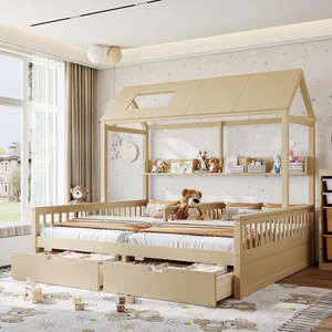 Double Twin Size House Frame Bed with Storage Drawers and Guardrails for 2 Kids, Wood Platform Bed with Shelves and Roof Design for Boys Girls Teens, Natural Double Twin Size House Frame Bed with Storage Drawers and Guardrails for 2 Kids, Wood Platform Bed with Shelves and Roof Design for Boys Girls Teens, Natural