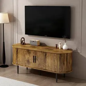47 TV Stand with Storage Compartment and Sliding Door, Fluted Entertainment Center with Cabinet for Bedroom, Living Room, Brown 47 TV Stand with Storage Compartment and Sliding Door, Fluted Entertainment Center with Cabinet for Bedroom, Living Room, Brown