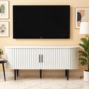 47 Fluted Media Console with Sliding Door and Shelf Storage, White 47 Fluted Media Console with Sliding Door and Shelf Storage, White