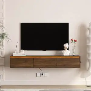 Floating TV Media Console with Touch-Sensitive Led Light Strip, Walnut Floating TV Media Console with Touch-Sensitive Led Light Strip, Walnut