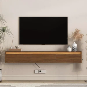 Floating TV Media Console with Touch-Sensitive Led Light, Light Walnut Floating TV Media Console with Touch-Sensitive Led Light, Light Walnut