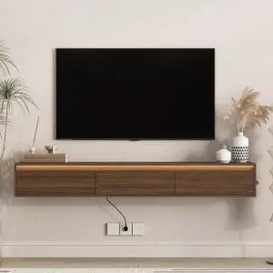 Floating TV Media Console with Touch-Sensitive Led Light, Light Walnut Floating TV Media Console with Touch-Sensitive Led Light, Light Walnut