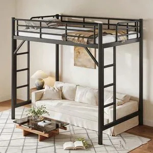 Queen Size Loft Bed with Ladder and High Guardrail, Black Queen Size Loft Bed with Ladder and High Guardrail, Black