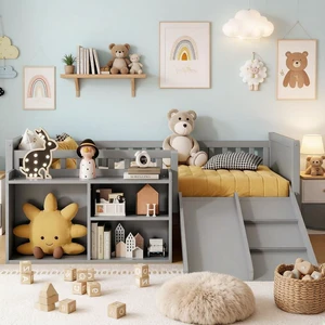 Wooden Low Loft Bed with Slide & Climbing Wall, Gray Wooden Low Loft Bed with Slide & Climbing Wall, Gray