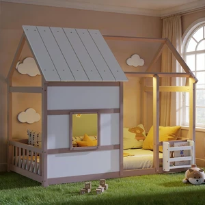 Kids Twin Size Platform Bed with House Frame and LED Lights for Boys Girls, Wood Floor Bed with Storage Bookshelf and Safety Rails/Guardrails for Playroom, Cream,White Kids Twin Size Platform Bed with House Frame and LED Lights for Boys Girls, Wood Floor Bed with Storage Bookshelf and Safety Rails/Guardrails for Playroom, Cream,White