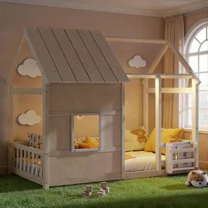 Twin Size Playhouse Floor Bed with LED Lights and Storage Bookshelf for Kids & Boys & Girls, House Platform Bed Frame with Safety Rails/Guardrails and Window for Sleep and Play Area, Natural Twin Size Playhouse Floor Bed with LED Lights and Storage Bookshelf for Kids & Boys & Girls, House Platform Bed Frame with Safety Rails/Guardrails and Window for Sleep and Play Area, Natural