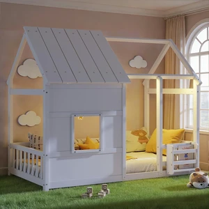 Twin Size Kids House Floor Bed with LED Lights and Storage Bookshelf for Boys Girls, Playhouse Platform Bed Frame with Guardrails/Safety Rails and Window for Sleep and Play Area, White Twin Size Kids House Floor Bed with LED Lights and Storage Bookshelf for Boys Girls, Playhouse Platform Bed Frame with Guardrails/Safety Rails and Window for Sleep and Play Area, White