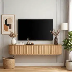 Floating Fluted TV Stand with Storage Cabinet, Natural Floating Fluted TV Stand with Storage Cabinet, Natural