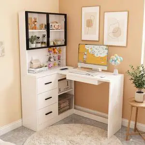 Computer Desk with Hutch & Glass Storage Cabinets,White Computer Desk with Hutch & Glass Storage Cabinets,White