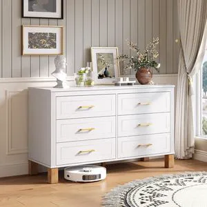 Modern 6 Drawer Double Cabinet with Metal Handles, 47.24" Wide Modern Chest of Drawers with Solid Wood Legs, Vertical Storage Organizer for Living Rooms, White Modern 6 Drawer Double Cabinet with Metal Handles, 47.24" Wide Modern Chest of Drawers with Solid Wood Legs, Vertical Storage Organizer for Living Rooms, White