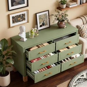 Modern 6 Drawers Double Dresser with Metal Handles for Bed Room, Sage Green Modern 6 Drawers Double Dresser with Metal Handles for Bed Room, Sage Green