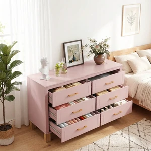 6 Drawer Double Dresser with Metal Handles, Pink 6 Drawer Double Dresser with Metal Handles, Pink