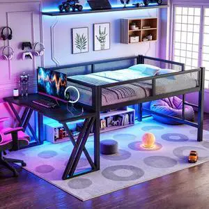 Full Size Low Loft Bed with Desk and LED Lights & USB Charging Station, Gaming Loft Bed Frame with Ladder & Mesh Guardrail for Teens Adults Bedroom, Black Full Size Low Loft Bed with Desk and LED Lights & USB Charging Station, Gaming Loft Bed Frame with Ladder & Mesh Guardrail for Teens Adults Bedroom, Black