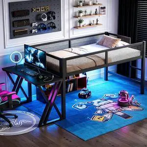Twin XL Size Low Loft Bed with Desk and LED Lights & USB Charging Station, Gaming Loft Bed Frame with Ladder & Mesh Guardrail for Teens Adults Bedroom, Black Twin XL Size Low Loft Bed with Desk and LED Lights & USB Charging Station, Gaming Loft Bed Frame with Ladder & Mesh Guardrail for Teens Adults Bedroom, Black