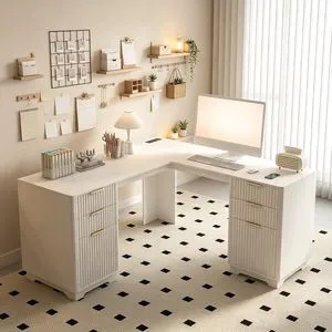 60 Inch L Shaped Computer Desk with USB Charging Ports and Storage Drawer Cabinets, Modern Wood Corner Writing Desk for Home Office Workstation, White 60 Inch L Shaped Computer Desk with USB Charging Ports and Storage Drawer Cabinets, Modern Wood Corner Writing Desk for Home Office Workstation, White