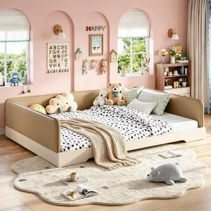 Kids Upholstered Low Bed Frame with Removable Guardrails, Montessori Floor Bed & Kids Daybed for Boys Girls, Queen Size, Brown Kids Upholstered Low Bed Frame with Removable Guardrails, Montessori Floor Bed & Kids Daybed for Boys Girls, Queen Size, Brown