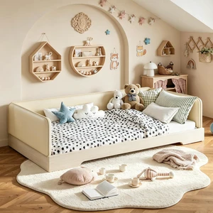 Kids Upholstered Low Bed Frame with Removable Guardrails, Montessori Floor Bed & Kids Daybed for Boys Girls, Twin Size, Beige Kids Upholstered Low Bed Frame with Removable Guardrails, Montessori Floor Bed & Kids Daybed for Boys Girls, Twin Size, Beige