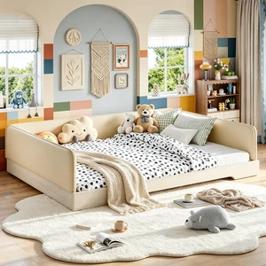 Kids Upholstered Low Bed Frame with Removable Guardrails, Montessori Floor Bed & Kids Daybed for Boys Girls, Queen Size, Beige Kids Upholstered Low Bed Frame with Removable Guardrails, Montessori Floor Bed & Kids Daybed for Boys Girls, Queen Size, Beige