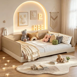 Kids Upholstered Low Bed Frame with Removable Guardrails, Montessori Floor Bed & Kids Daybed for Boys Girls, Full Size, Brown Kids Upholstered Low Bed Frame with Removable Guardrails, Montessori Floor Bed & Kids Daybed for Boys Girls, Full Size, Brown