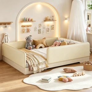 Kids Upholstered Low Bed Frame with Removable Guardrails, Montessori Floor Bed & Kids Daybed for Boys Girls, Full Size, Beige Kids Upholstered Low Bed Frame with Removable Guardrails, Montessori Floor Bed & Kids Daybed for Boys Girls, Full Size, Beige