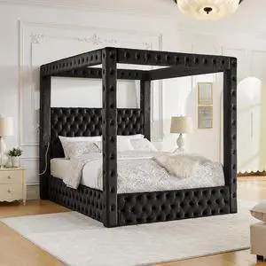Queen Canopy Platform Bed Frame with USB-A & USB-C Charging Ports, Black Queen Canopy Platform Bed Frame with USB-A & USB-C Charging Ports, Black