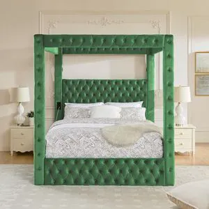Queen Canopy Platform Bed Frame with USB-A & USB-C Charging Ports, Green Queen Canopy Platform Bed Frame with USB-A & USB-C Charging Ports, Green