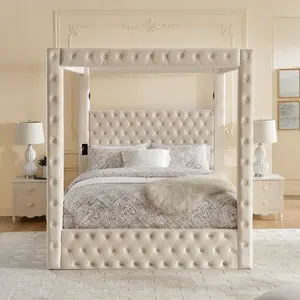 Queen Canopy Platform Bed Frame with USB-A & USB-C Charging Ports, Beige Queen Canopy Platform Bed Frame with USB-A & USB-C Charging Ports, Beige