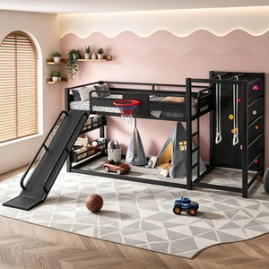 Twin Size Play Loft Bed with Slide and Storage Bookcase, Kids Activity Loft Bed with Climbing Wall and Basketball Hoop & Pull Up Rings for Playroom Sport Bedroom, Black Twin Size Play Loft Bed with Slide and Storage Bookcase, Kids Activity Loft Bed with Climbing Wall and Basketball Hoop & Pull Up Rings for Playroom Sport Bedroom, Black