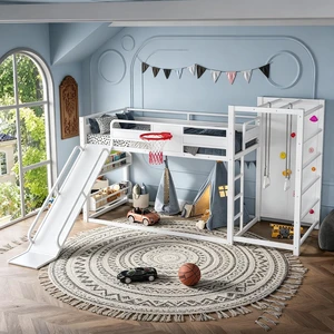 Twin Size Play Loft Bed with Slide and Storage Bookcase, Kids Activity Loft Bed with Climbing Wall and Basketball Hoop & Pull Up Rings for Playroom Sport Bedroom, White Twin Size Play Loft Bed with Slide and Storage Bookcase, Kids Activity Loft Bed with Climbing Wall and Basketball Hoop & Pull Up Rings for Playroom Sport Bedroom, White