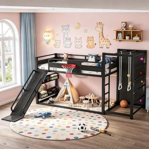 Twin XL Size Play Loft Bed with Slide and Storage Bookcase, Kids Activity Loft Bed with Climbing Wall and Basketball Hoop & Pull Up Rings for Playroom Sport Bedroom, Black Twin XL Size Play Loft Bed with Slide and Storage Bookcase, Kids Activity Loft Bed with Climbing Wall and Basketball Hoop & Pull Up Rings for Playroom Sport Bedroom, Black