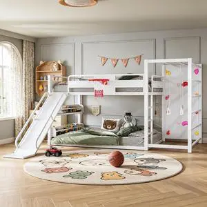 Full Size Play Loft Bed with Slide and Storage Bookcase, Kids Activity Loft Bed with Climbing Wall and Basketball Hoop & Pull Up Rings for Playroom Sport Bedroom, White Full Size Play Loft Bed with Slide and Storage Bookcase, Kids Activity Loft Bed with Climbing Wall and Basketball Hoop & Pull Up Rings for Playroom Sport Bedroom, White
