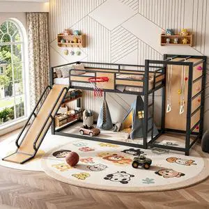 Twin Size Play Loft Bed with Slide and Storage Bookcase, Kids Activity Loft Bed with Climbing Wall and Basketball Hoop & Pull Up Rings for Playroom Sport Bedroom, Yellow Twin Size Play Loft Bed with Slide and Storage Bookcase, Kids Activity Loft Bed with Climbing Wall and Basketball Hoop & Pull Up Rings for Playroom Sport Bedroom, Yellow