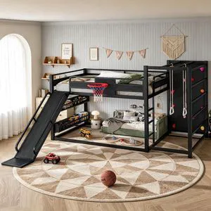Full Size Play Loft Bed with Slide and Storage Bookcase, Kids Activity Loft Bed with Climbing Wall and Basketball Hoop & Pull Up Rings for Playroom Sport Bedroom, Black Full Size Play Loft Bed with Slide and Storage Bookcase, Kids Activity Loft Bed with Climbing Wall and Basketball Hoop & Pull Up Rings for Playroom Sport Bedroom, Black